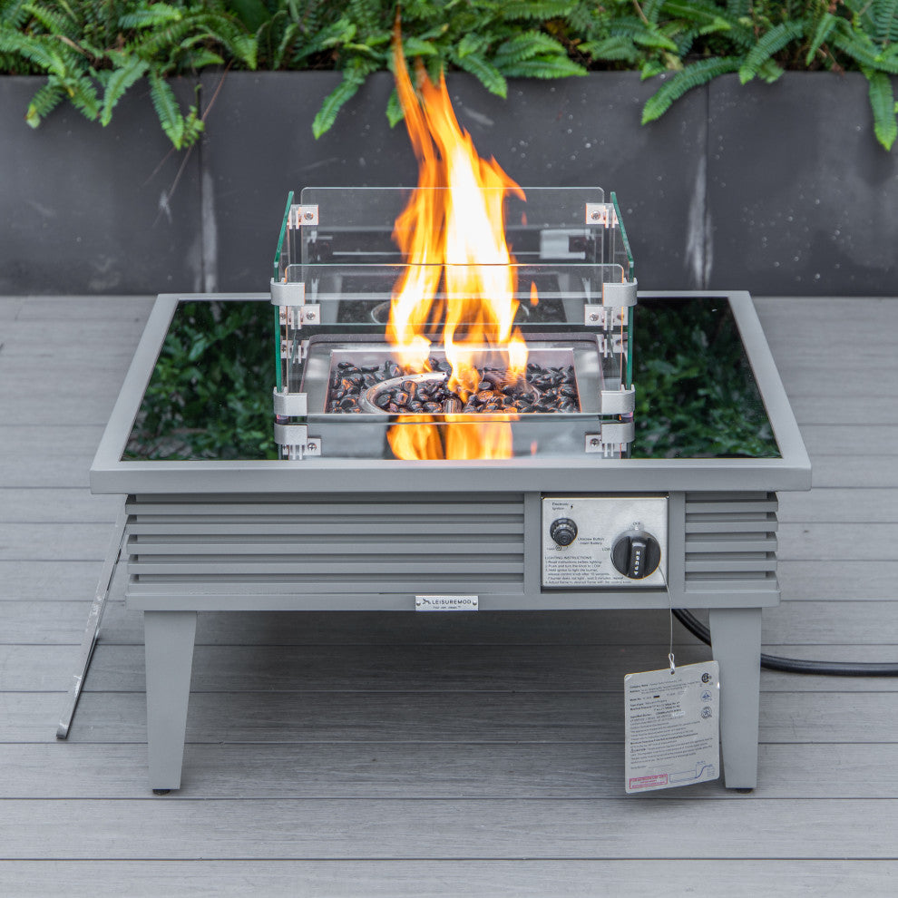 Leisuremod Walbrooke Patio Square Fire Pit Table With Aluminum Slats Frame, Gray