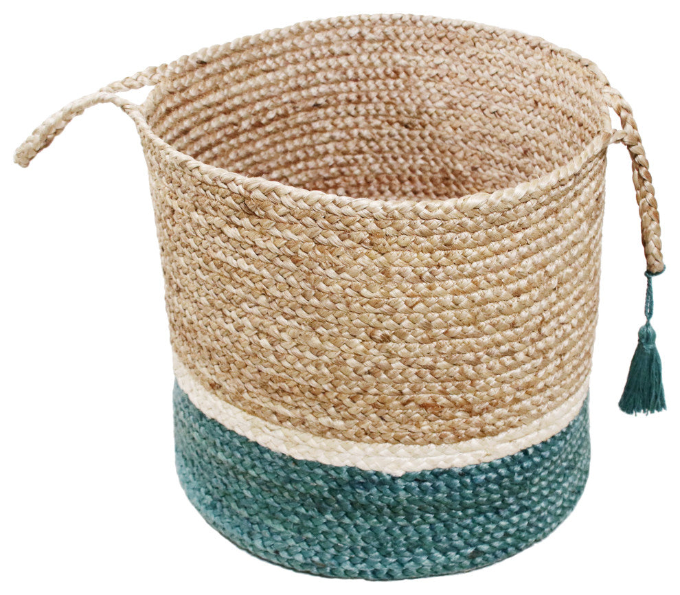 Teal and Natural Jute Color Block Storage Basket with Handles