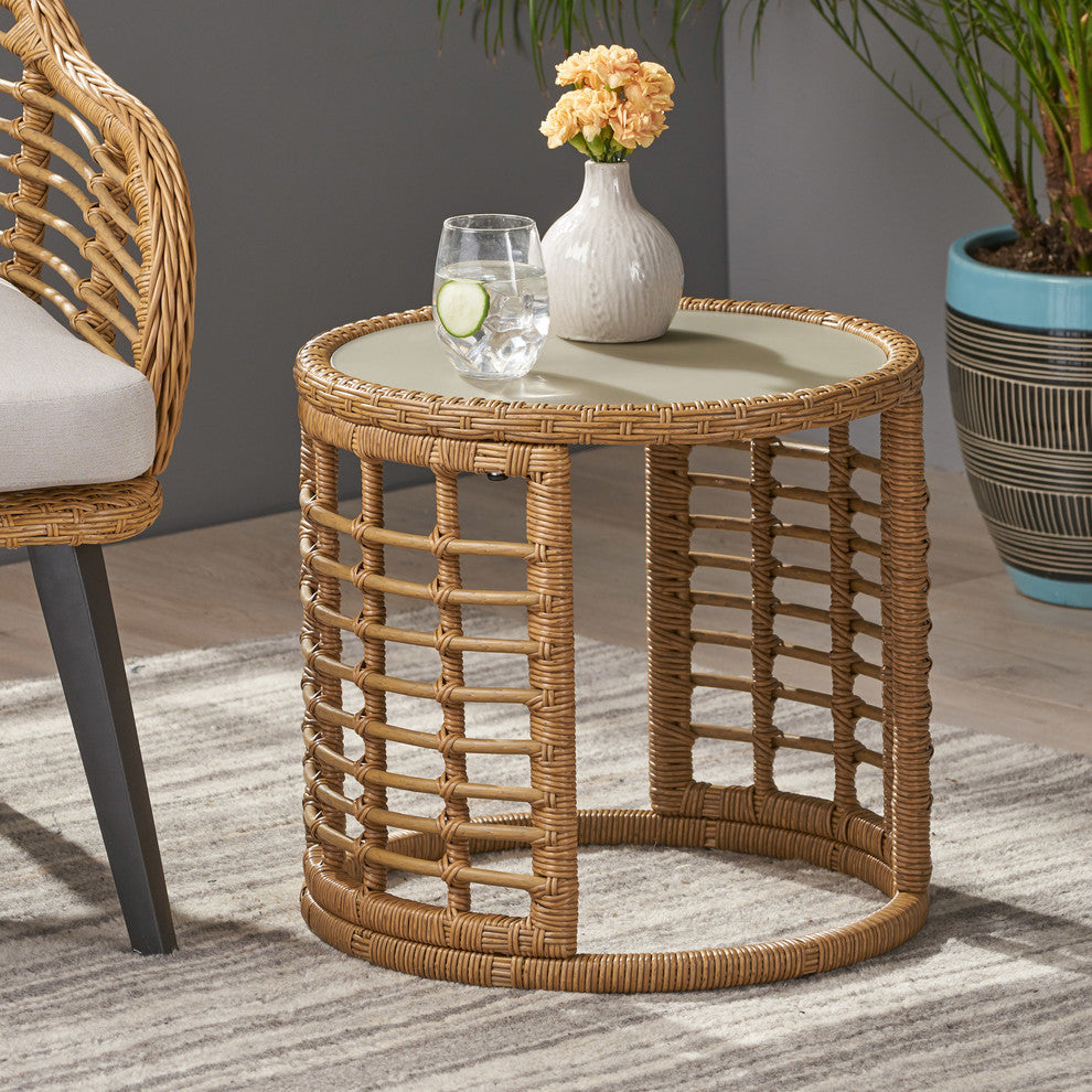 Anne Indoor Modern Boho Wicker Side Table With Tempered Glass Top, Light Brown