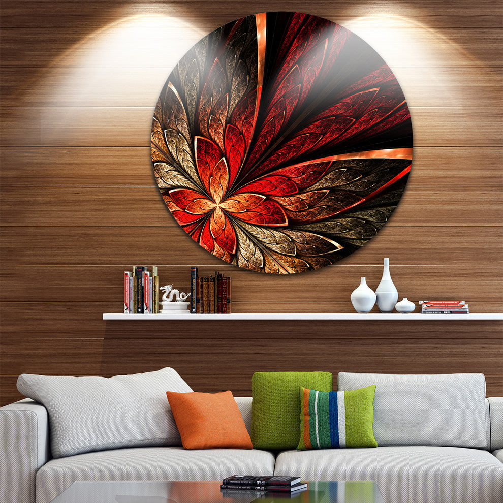 Fractal Flower In Yellow And Red, Floral Disc Metal Artwork, 11"