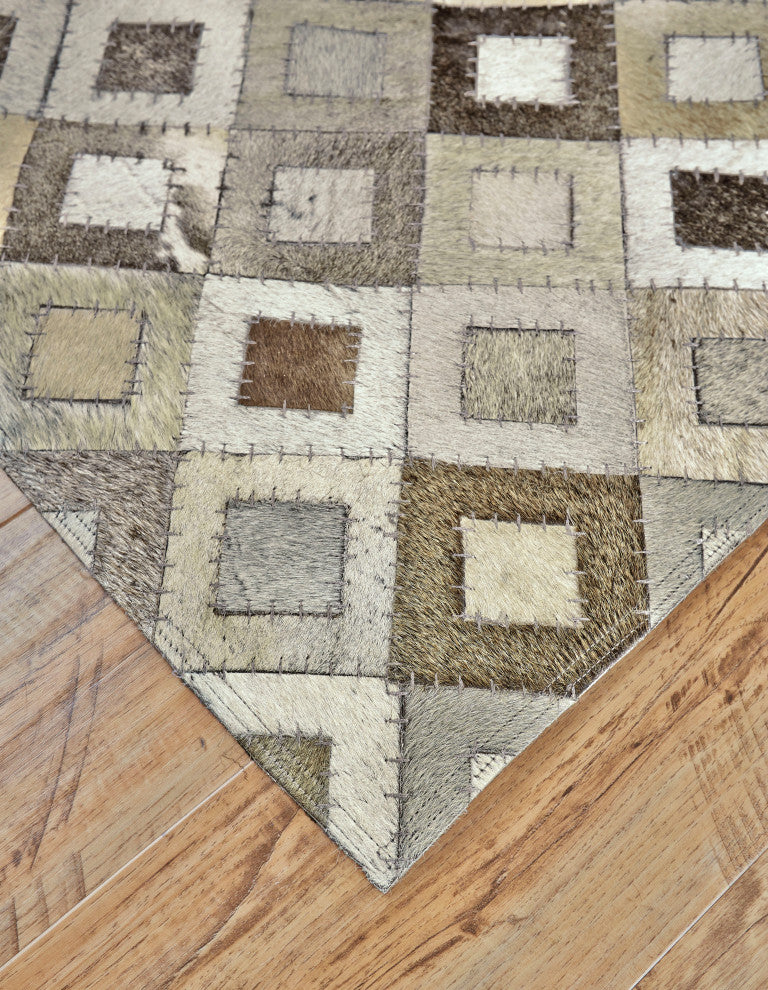 Weave & Wander Zenna Mosaic Leather Cowhide Rug, Gray/Taupe, 2'x3'