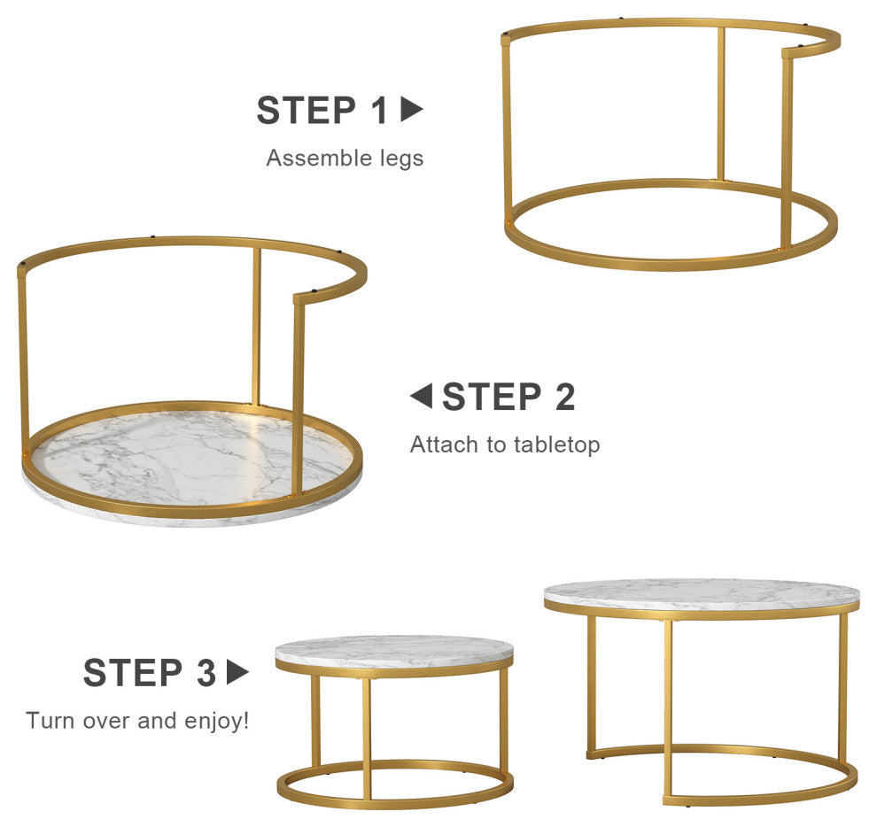 29 .5" Golden Frame Marble Color Top Round Wood Coffee Table, 2-Piece Set
