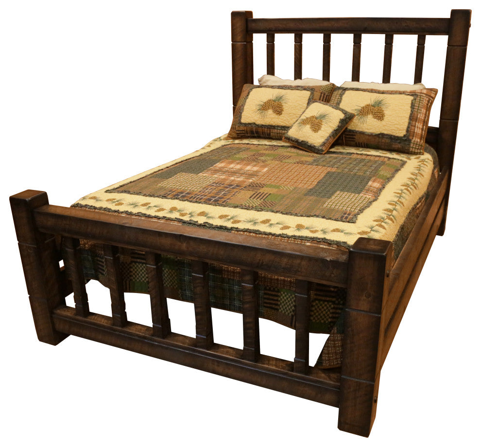 Rustic Barn Wood Style Timber Peg Mission Bed, Woodland Smoke, Queen