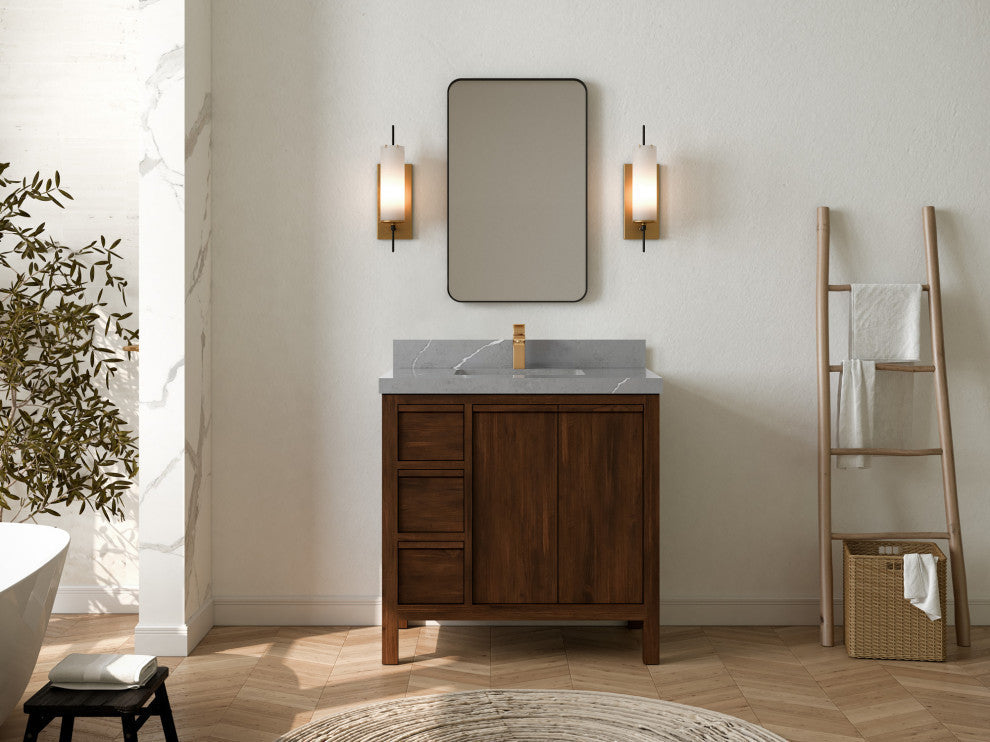 Elizabeth 36 Center Sink Bath Vanity in Dark Walnut Teak 2" Piatra Gray