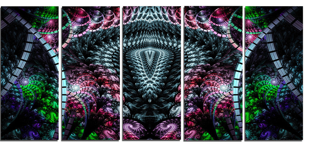 Strange Fractal Design on Black, Abstract Wall Art Canvas, 60"x28", 5 Panels