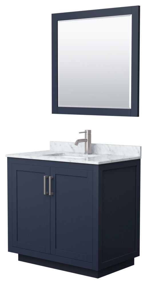 36"SGL Vanity Dark Blue, Carrara Countertop, Sink, Nickel Trim, 34"Mirror