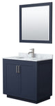 36"SGL Vanity Dark Blue, Carrara Countertop, Sink, Nickel Trim, 34"Mirror