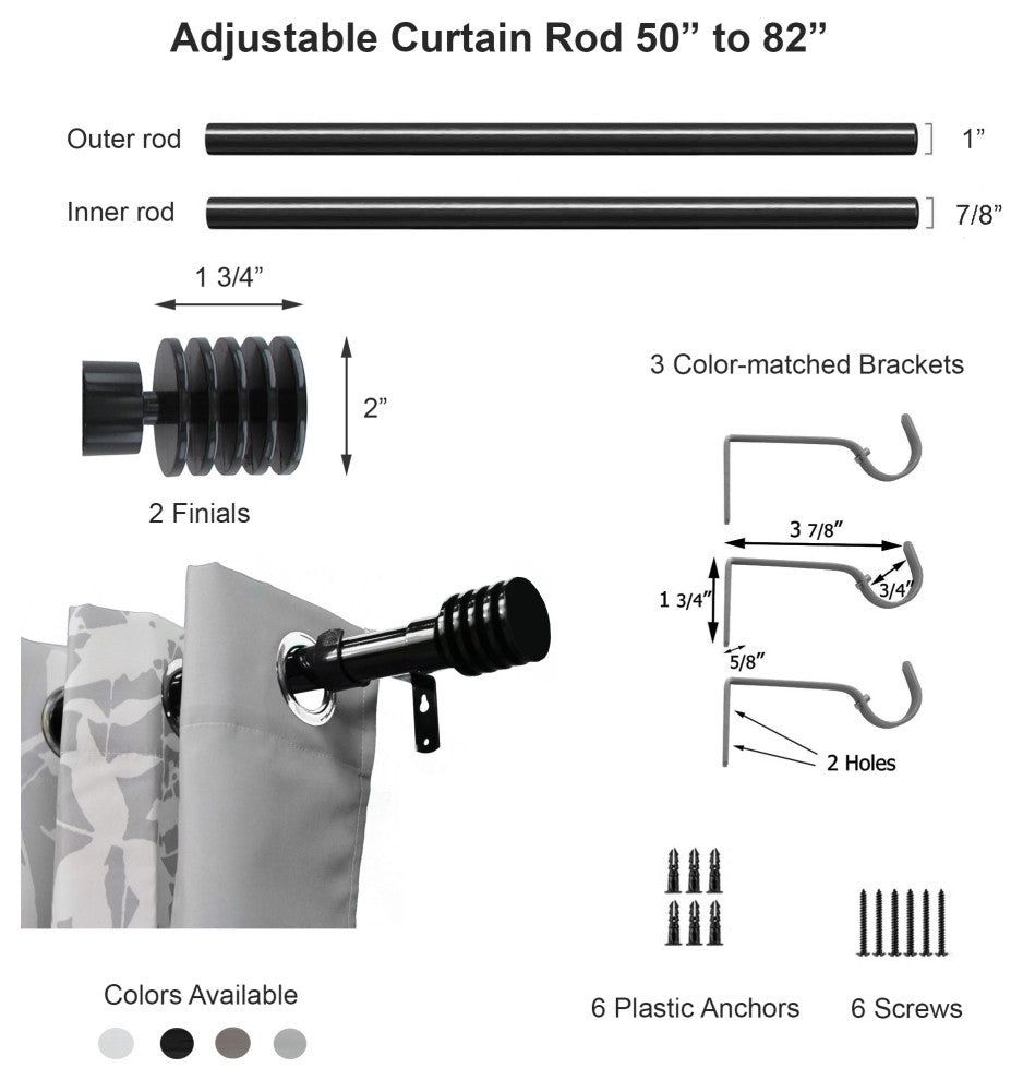 2 Pack Adjustable 1" Single Window Curtain Rod 50" to 82", Gray