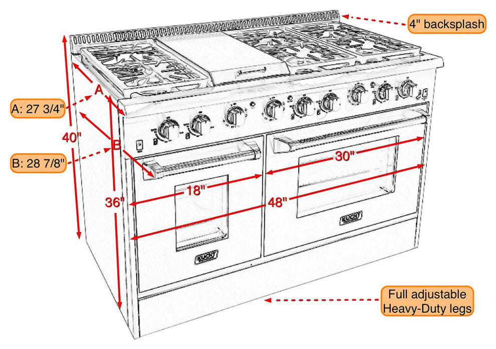 KUCHT Pro Style 48" Dual-Fuel Range, Stainless Steel, Classic Silver, Natural Gas