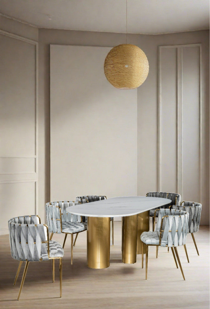 Balmain Stone Top Oval Dining Table for 6, Gold and White