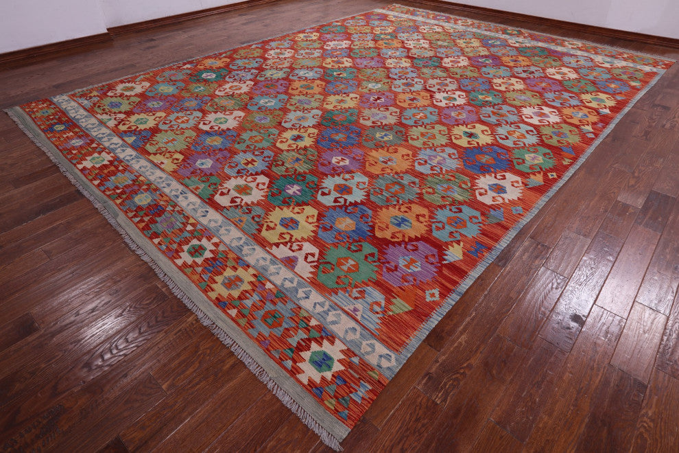 11' 9" X 16' 3" Wool On Wool Kilim Flat Weave Reversible Rug - Q12538