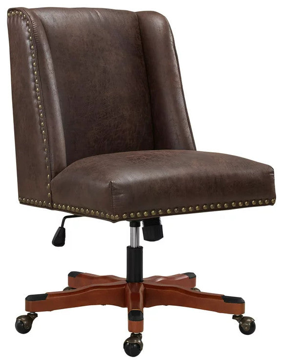 Unique Office Chair, Cushioned Seat & Nailhead Trim Accents, Brown Faux Leather
