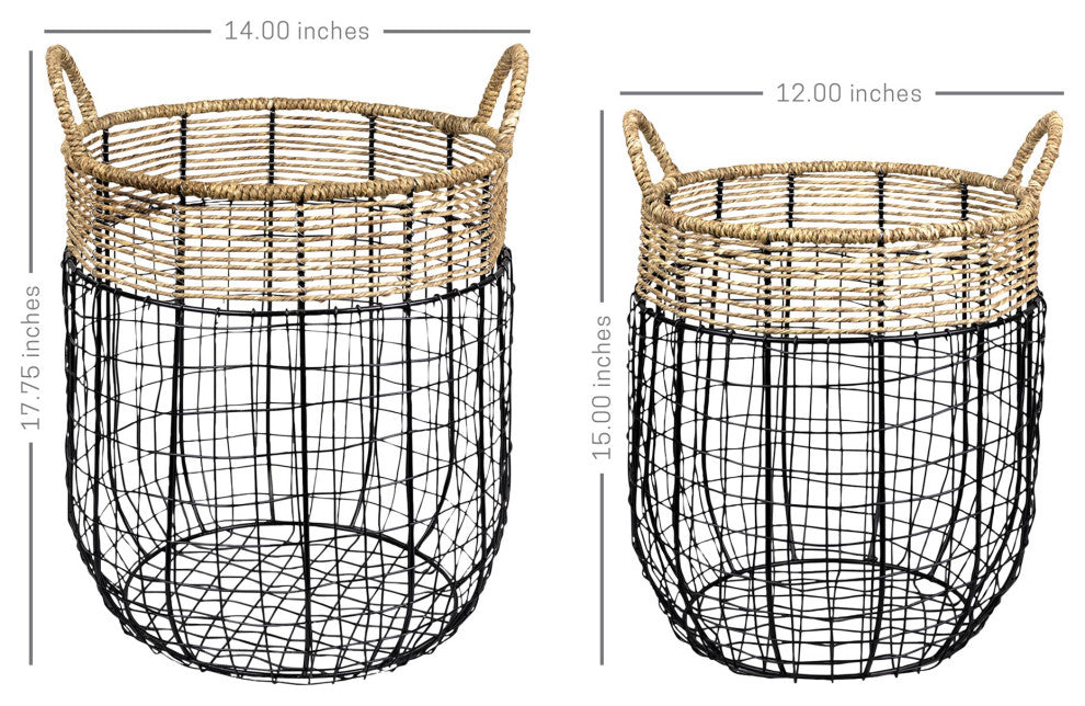 Set of Two Black Wire and Jute Baskets