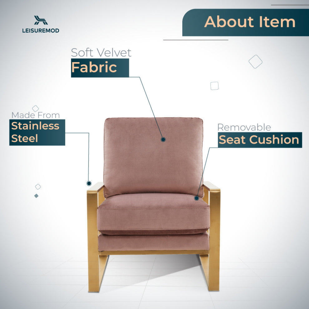 LeisureMod Jefferson Velvet Accent Armchair With Gold Frame, Pink
