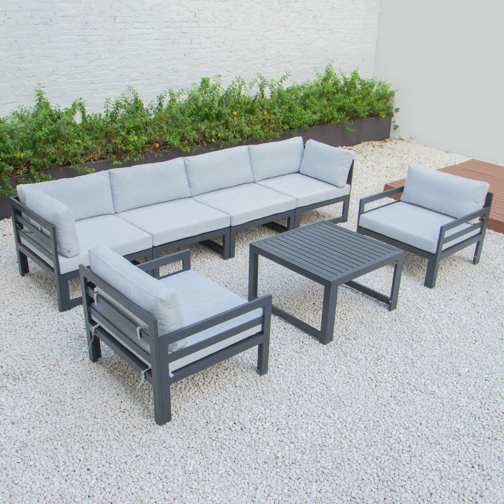 LeisureMod Chelsea 7-Piece Patio Sectional With Coffee Table, Light Gray