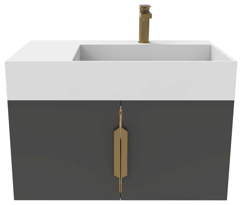CastelloUSA Amazon 30" Right Wall Mounted Bathroom Vanity Set, Black, White Top, Gold