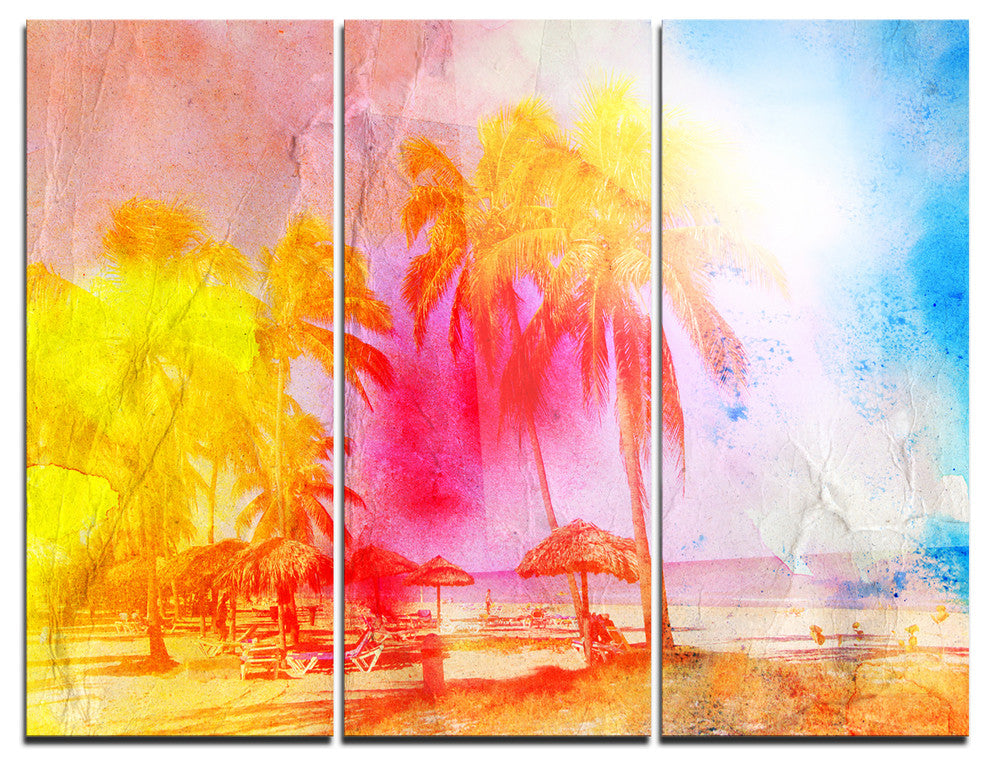"Retro Palms Yellow Watercolor" Trees Metal Wall Art, 3 Panels, 36"x28"