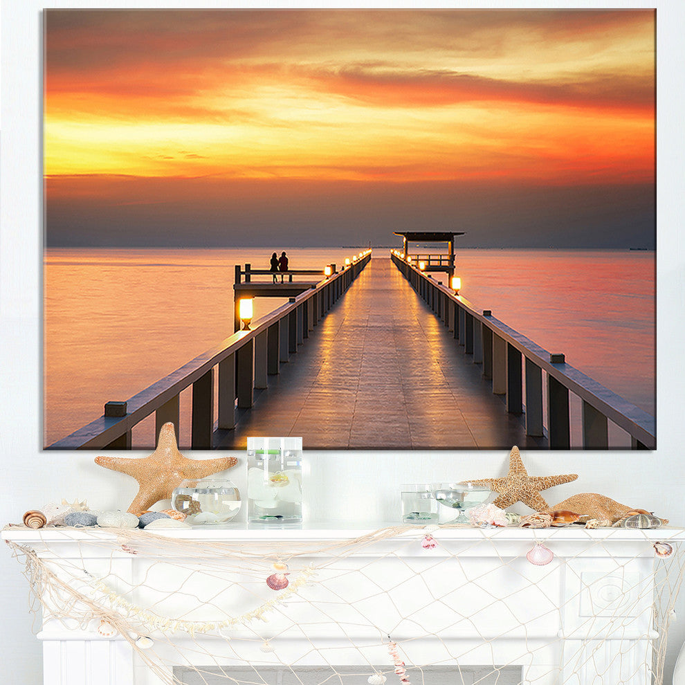 "Yellowish Sky and Long Wooden Bridge" Sea Pier and Bridge Wall Art, 40"x20"