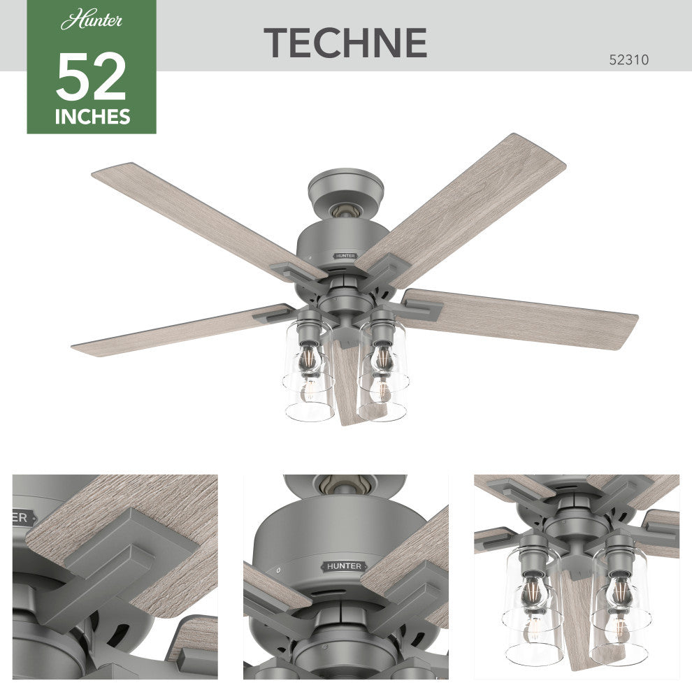 Hunter 52" WiFi Techne Ceiling Fan, LED Kit, Remote, Matte Silver