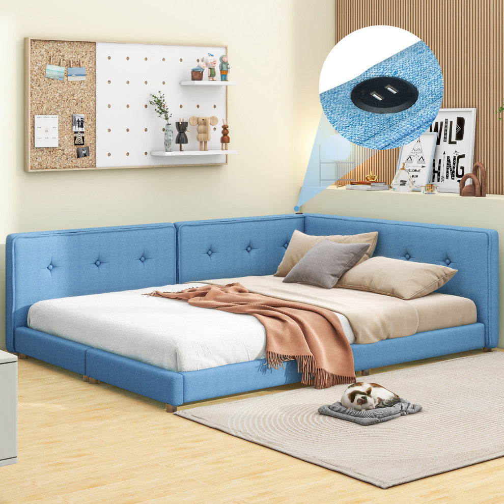 Gewnee Upholstered Full Size platform bed with USB Ports, Blue