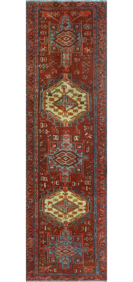 Fine Vintage Distressed Sanama Red/Blue-Grey Runner, 2'9 x 9'5