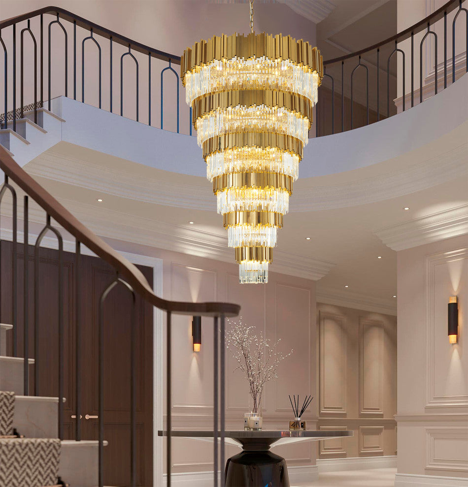 D60" 6-Tier Shiny Gold Frame Chandelier With Clear Hanging Crystals