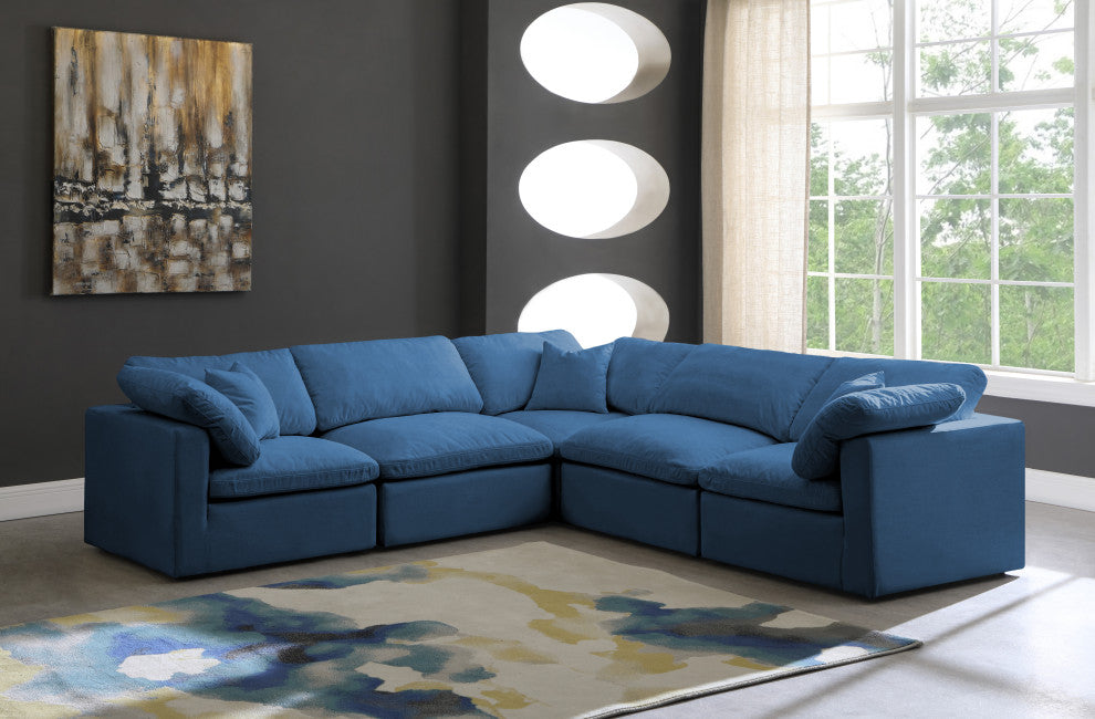 Plush Velvet / Down Standard Comfort L-Shaped Modular Sectional, Navy, 5-Piece: 2 Armless Chair, 3 Corner Chair