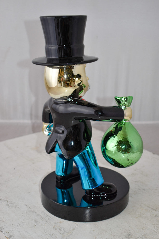 Frowning Monopoly Man Holding Money Bag Resin Statue Small Size: 7" x 8" x 15"