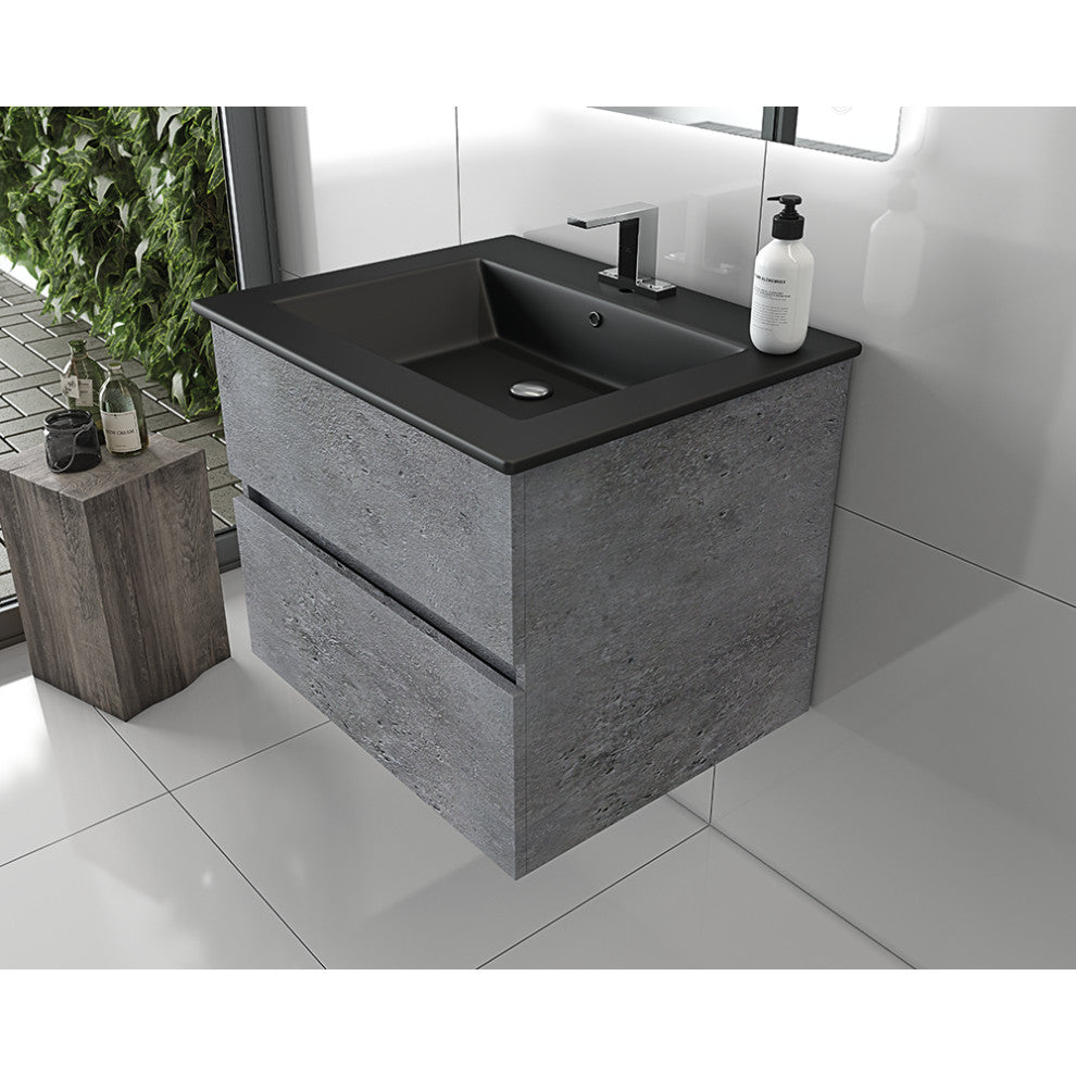 Concrete Gray Granite Bathroom Vanity, Matt Black Sink, 24