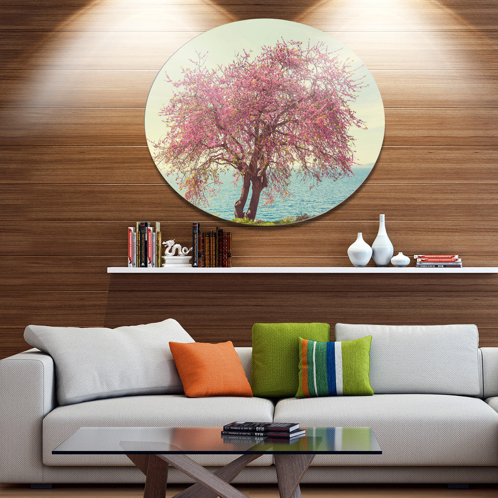 Pink Flowers On Lonely Tree, Landscape Round Wall Art, 36"