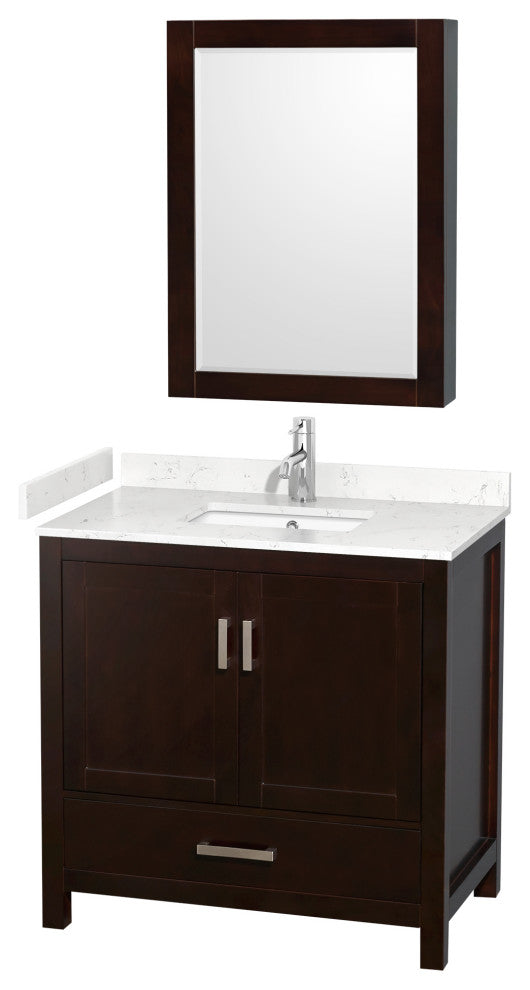 36"SGL Vanity Espresso, Carrara Cult. Marble Countertop, Sink, Med. Cabinet