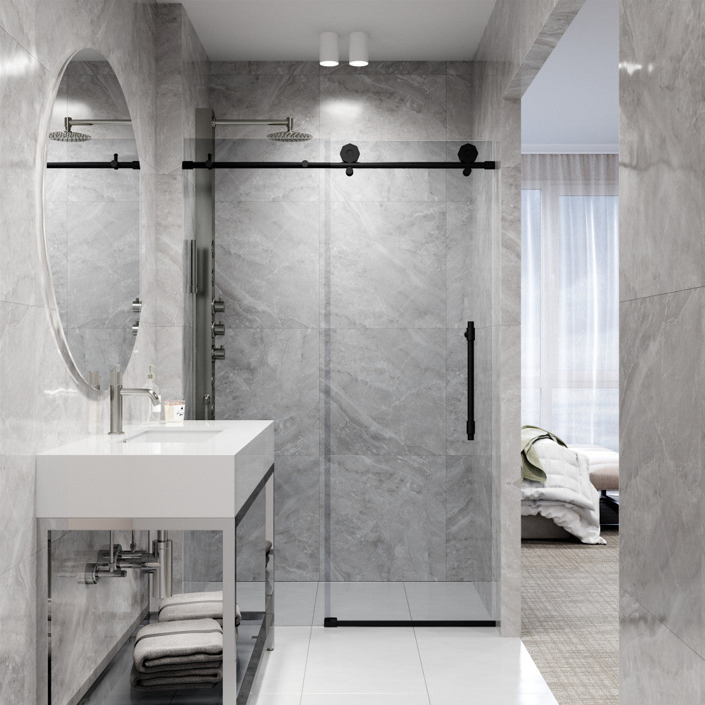 VIGO Elan Hart 56" to 60" W x 76" H Frameless Sliding Shower Door, Matte Black, Clear Glass