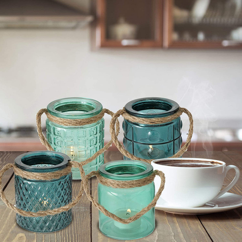 4 Piece Beach Chic Rope Wrapped Hurricanes, 3.5 Inches