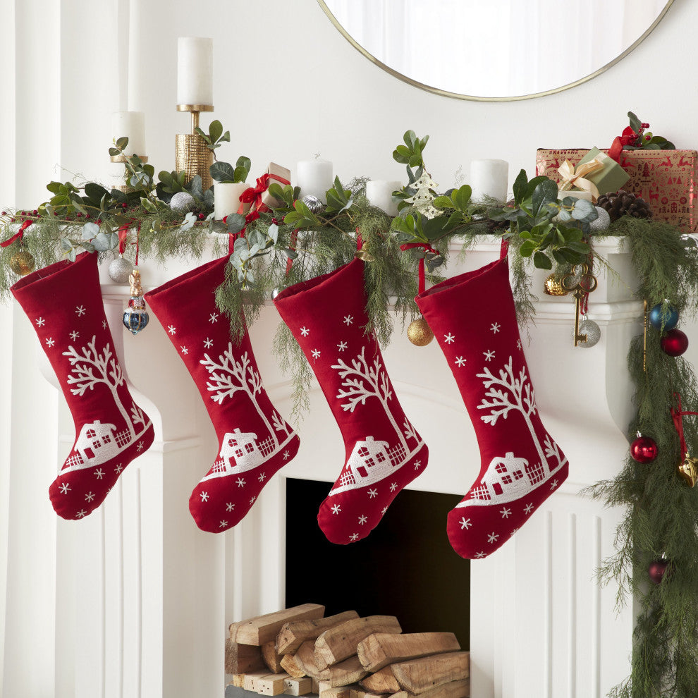 Handmade Red Snowy Village Scene Christmas Stocking with White Embroidery