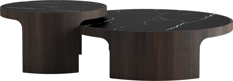 Oliver Nesting Coffee Tables, Smoked Oak and Black Marble Ceramic
