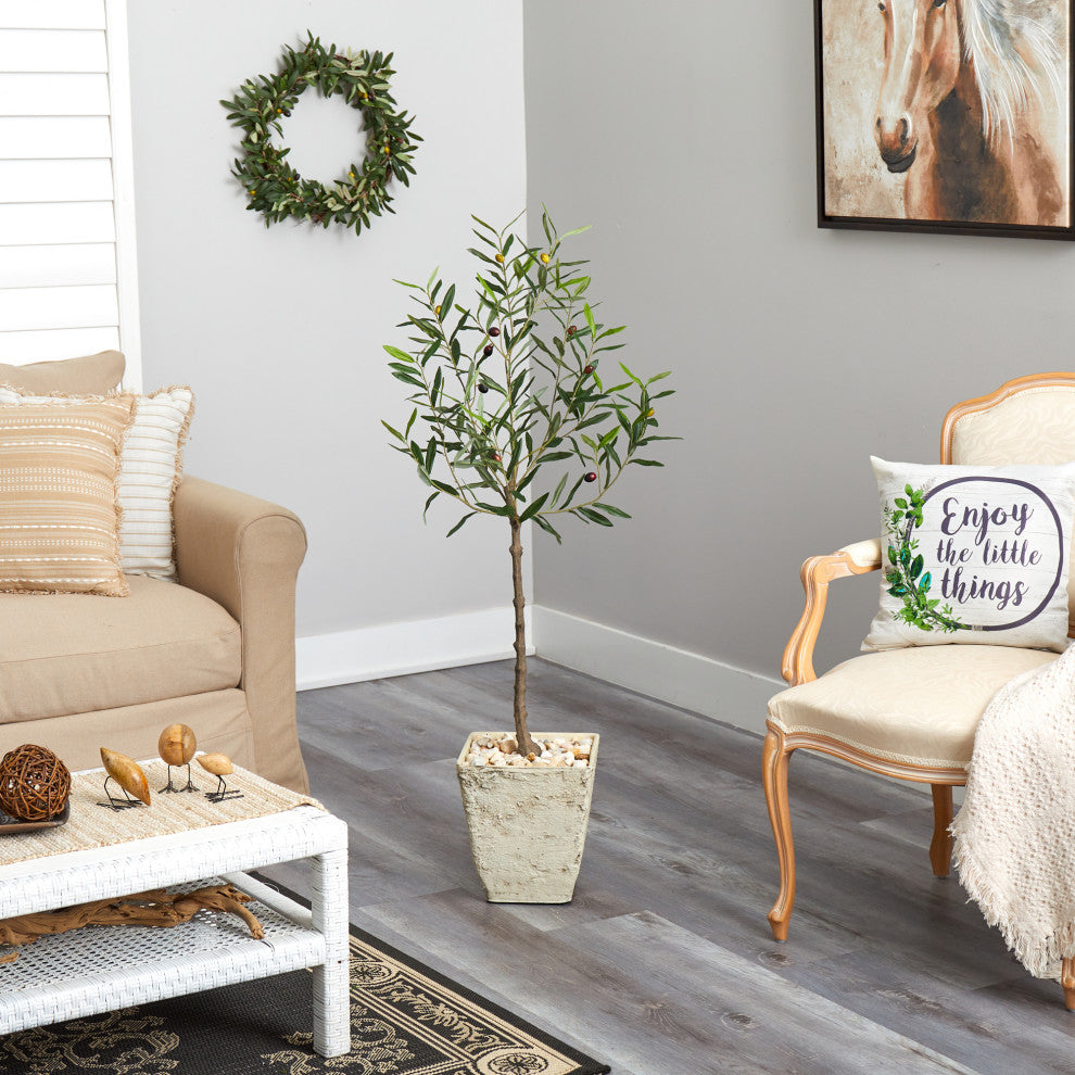 52" Olive Artificial Tree, Country White Planter