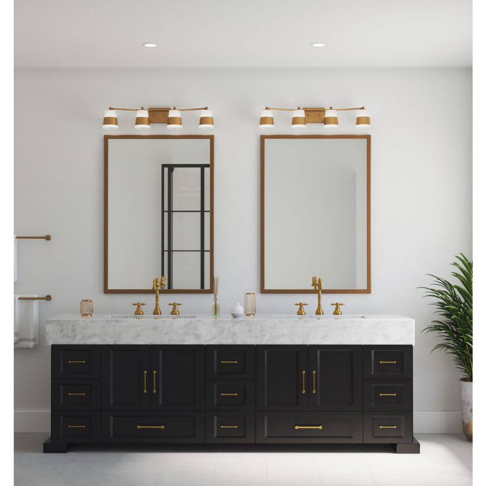 Haven Collection Four-Light Vintage Brass Opal Glass Luxe Industrial Bath Light