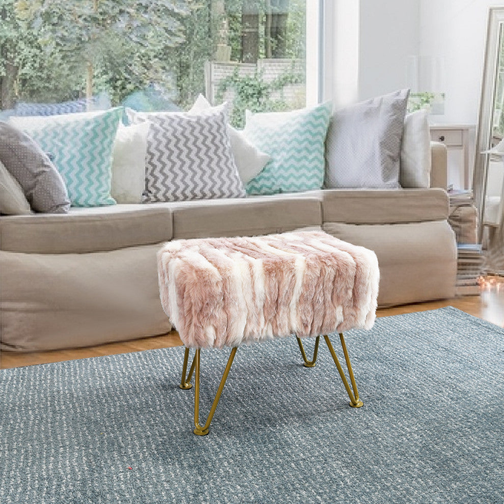 Soft Faux Fur Ottoman Fuzzy Entryway Bench Seat, Pink, 19"x13"x17"