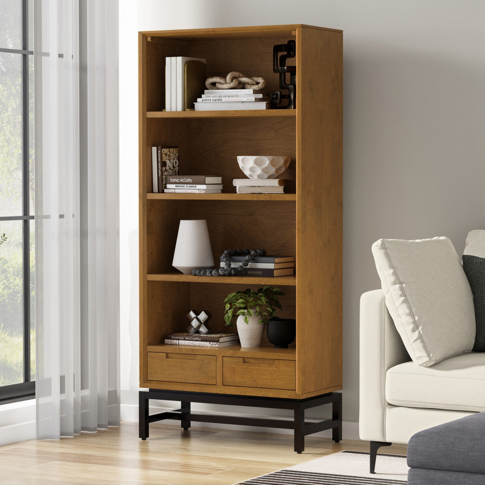 Banting Solid Hardwood Mid Century Bookcase, Medium Saddle Brown