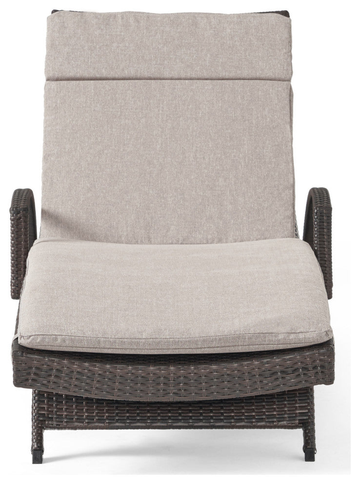 GDF Studio Ann Outdoor Wicker Adjustable Chaise Lounge, Arms With Cushion, Charc