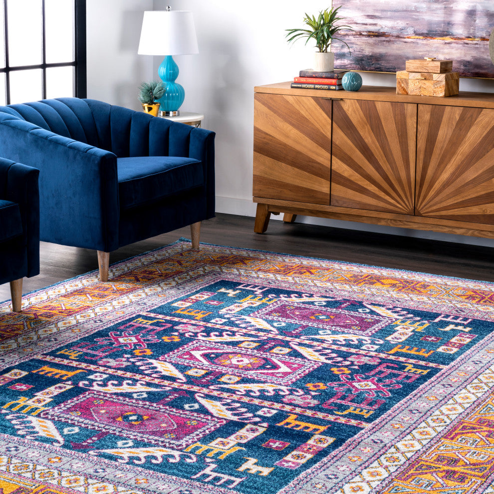 Nuloom Tecumseh Tribal Tale Triptych Area Rug, Navy 5'Square