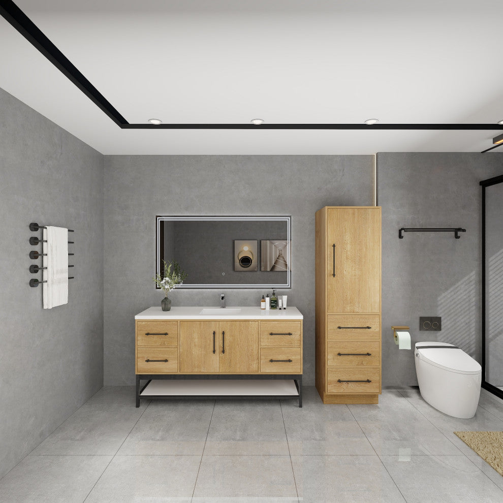 Victoria 60'' Solid Wood Open Shelf Bath Vanity Single Sink, Oak