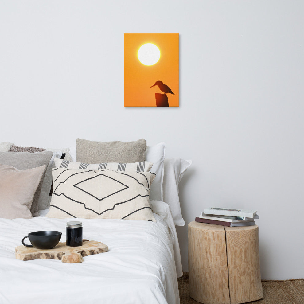 Kingfisher Bird Silhouette Sunset Animal Wildlife Photo Canvas Wall Art Prints, 18" X 24"
