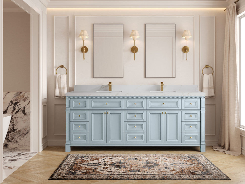 Paris 84" Double Sink Bathroom Vanity, Blue Heather 2" Calacatta Sienna