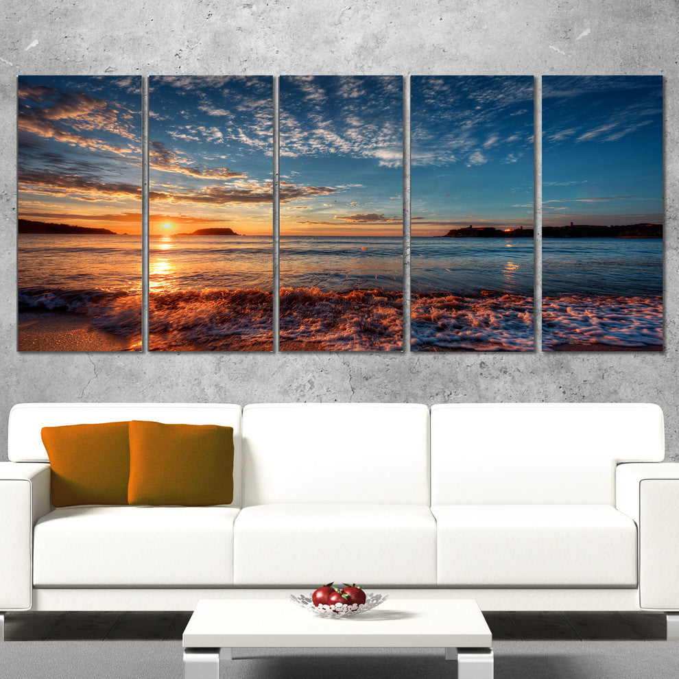 Tranquil Beach and Whimsical Clouds, Seashore Canvas Print, 60"x28", 5 Panels