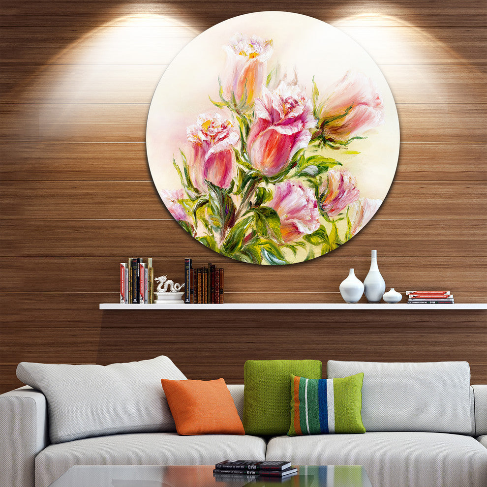 Rose Oil Painting, Floral Large Disc Metal Wall Art, 23"