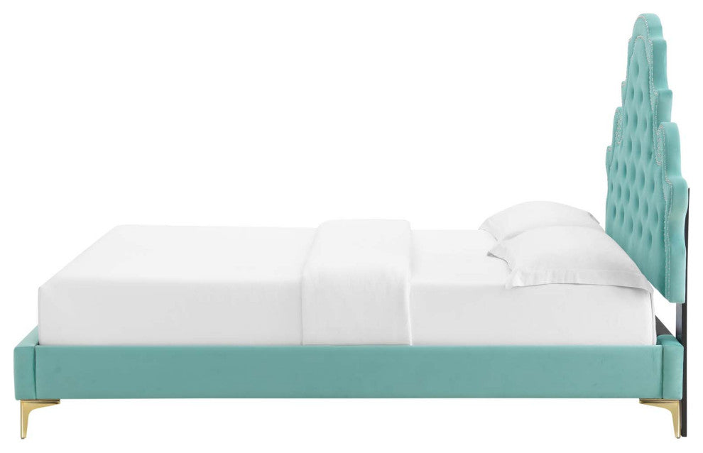 Tufted Platform Bed Frame, Twin Size, Velvet, Blue, Modern Contemporary, Bedroom