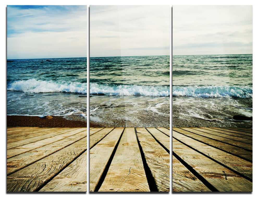 "Wooden Pier in Waving Sea" Photo Metal Wall Art, 3 Panels, 36"x28"