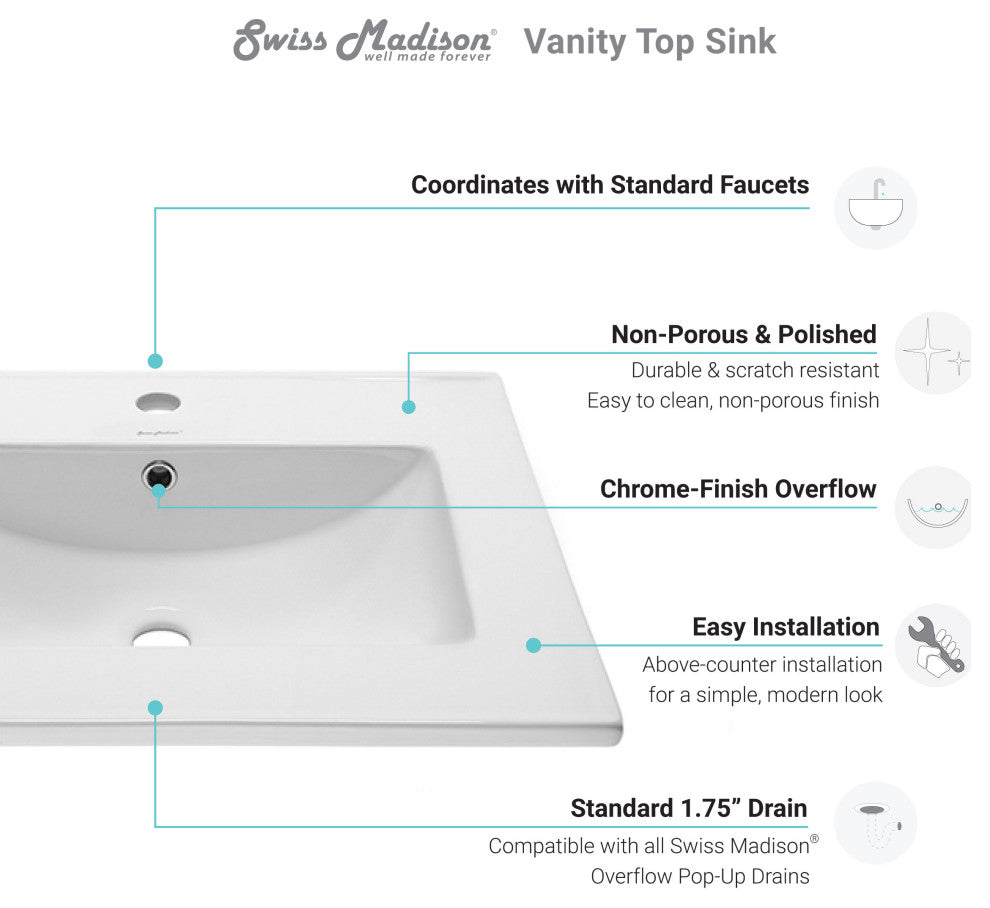 Ceramic Vanity Top 24" With Single Faucet Hole, Glossy White