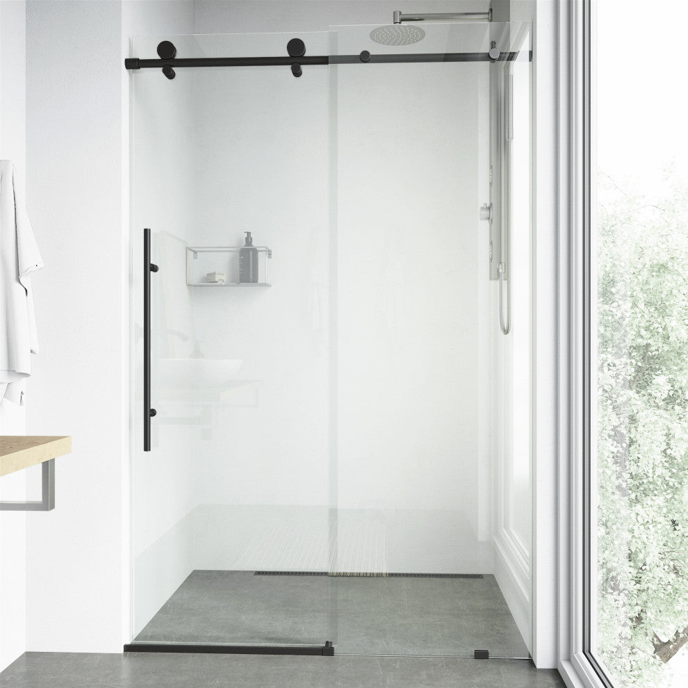 VIGO Elan E-Class 64" to 68" W x 76" H Frameless Sliding Shower Door, Matte Black, Clear Glass